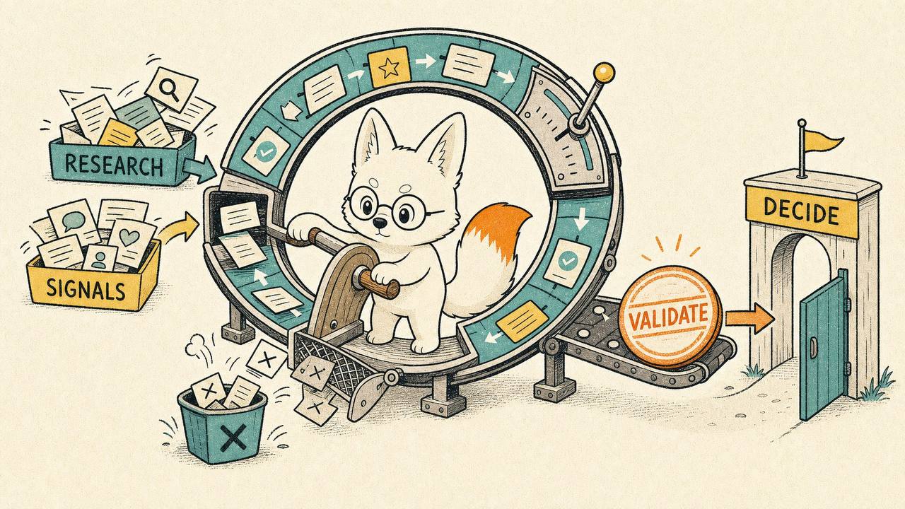 Illustration of an AI agent running a research and validation loop before sending a buyer through a decision gate.