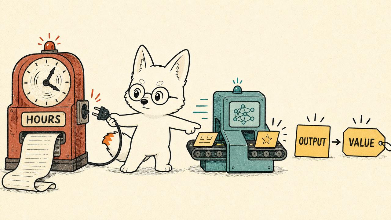 Illustration of a fox unplugging an hours clock from an AI output machine that turns work into value.