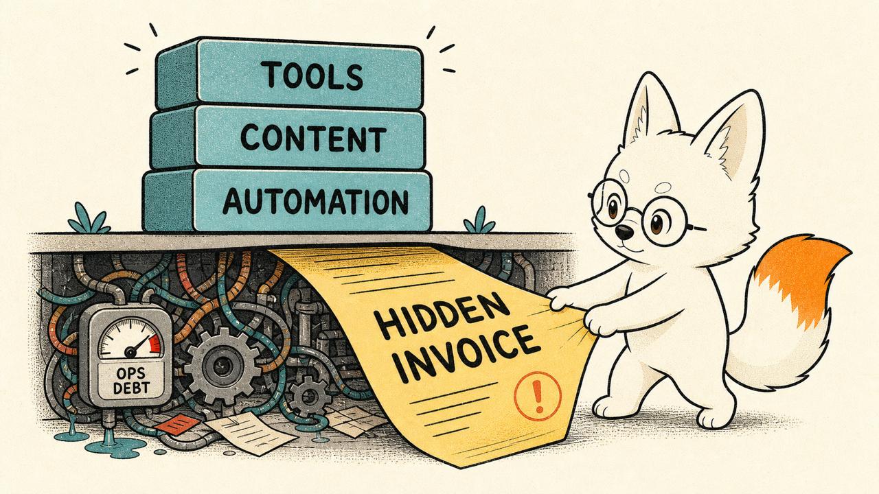 Illustration of a fox pulling a hidden invoice from beneath a stack of tools, content and automation blocks.