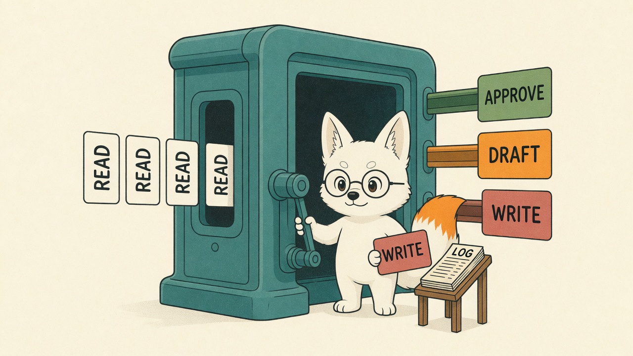 Zenko operates a permission gate routing READ cards into APPROVE, DRAFT and WRITE output lanes while holding a LOG book beside the gate.