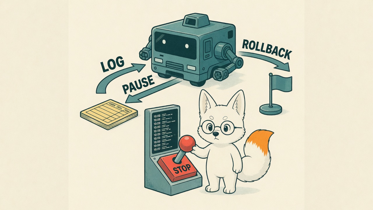 Zenko monitors an autonomous agent machine from a console with a prominent STOP button, with LOG, PAUSE and ROLLBACK paths visible.