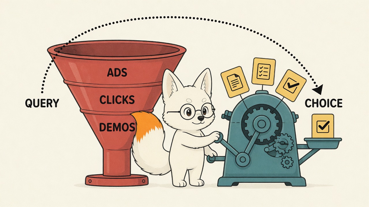 Zenko routes a query through an AI comparison machine directly to a choice while bypassing an unused ads, clicks and demos funnel.